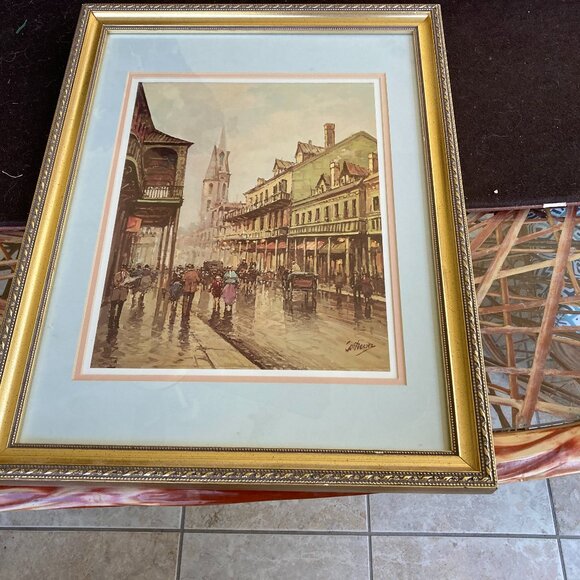PARIS SIGNED PRINTSTREET SCENE VINTAGE GOLD FRAME ORNATE 18X14